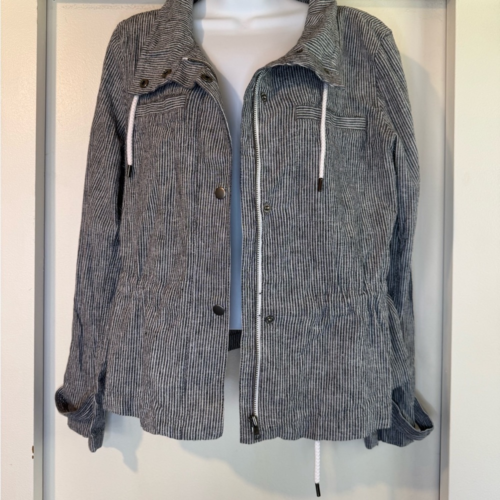 LOFT Striped Jacket in Navy and White Linen & Cotton